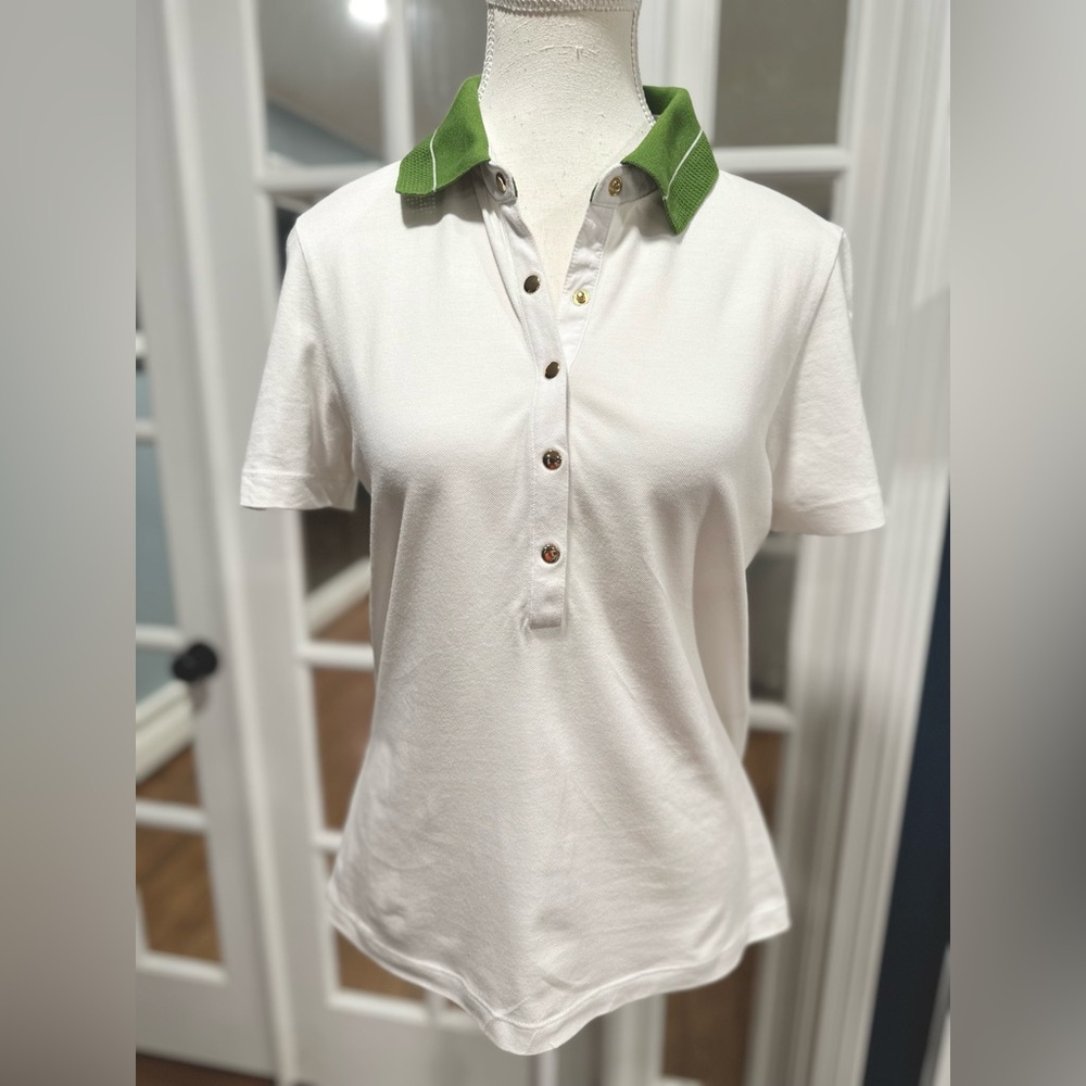 Tory Burch Performance Piqué Polo, White with Green Collar, Size Medium